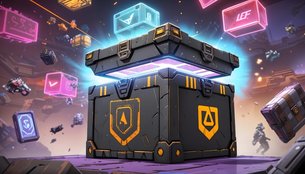 Apex Legends loot box bursting open with rare items and skins, illustrating the thrill of unlocking valuable content in the game.