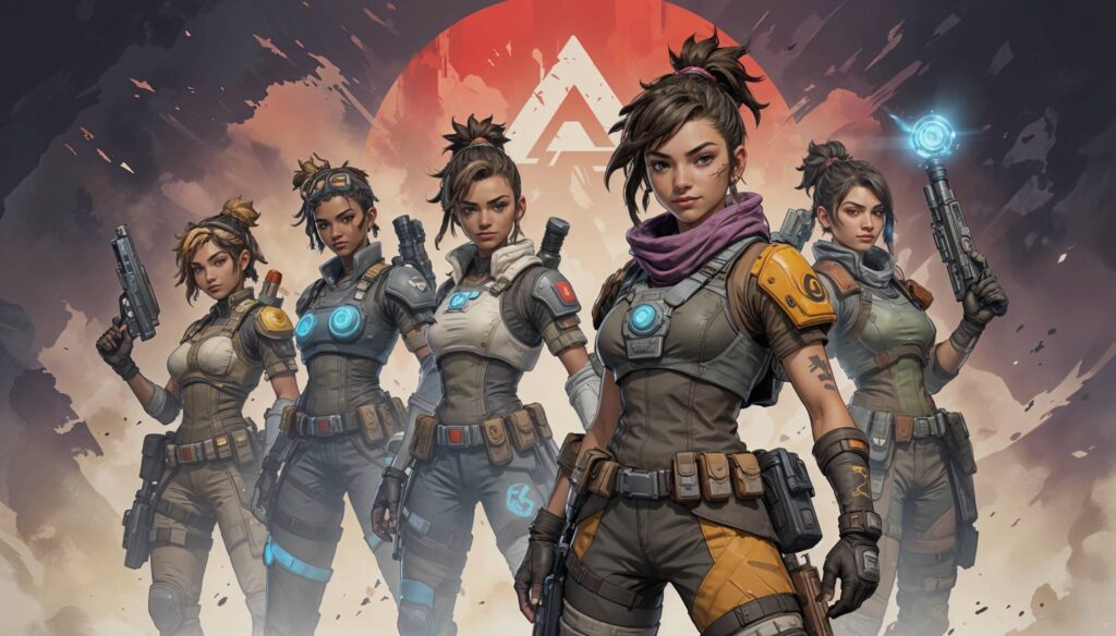 Stylized artwork of the Apex Legends lobby screen with iconic character skins, emphasizing the importance of account progression and customization.