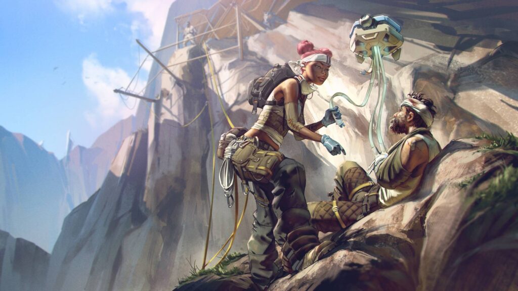 "Lifeline from Apex Legends administering aid in a rugged terrain, symbolizing the importance of strategy and teamwork. Visit Gamer-Choice.com for tips and tricks to maximize your Apex Legends experience.