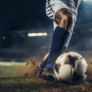 Close-up of a soccer player kicking a ball during a night match, with focus on the leg and ball, emphasizing the power and motion in the game. The background features stadium lights, adding intensity to the action.