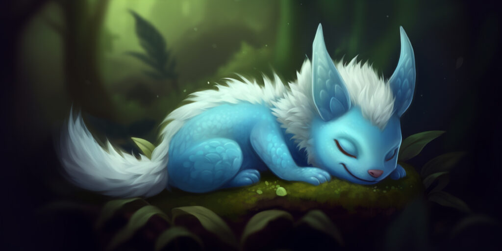 Sleeping blue fox-like creature with a white mane, showcasing a serene forest setting, similar to rare Pokémon in high-level accounts available for sale.