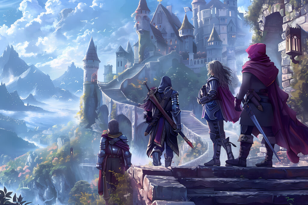 Group of adventurers approaching a grand castle in a fantasy world - FFXIV ARR venture coins spending tips.