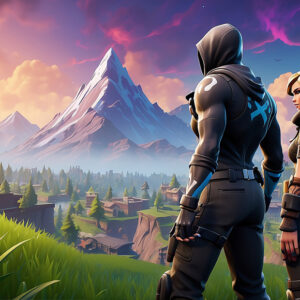 Fortnite characters overlooking a mountainous landscape during sunset, symbolizing the epic adventure in Fortnite gameplay.