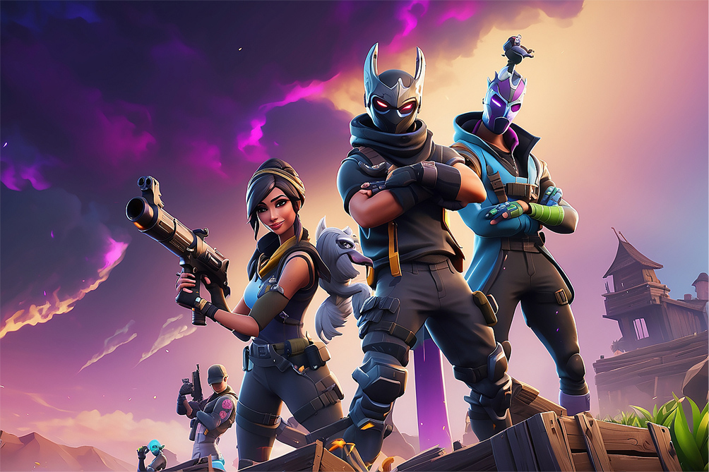 Fortnite characters posing with weapons and gear, showcasing top Fortnite accounts for sale at Gamer-Choice.com, where players can find rare skins and enhance their gameplay."