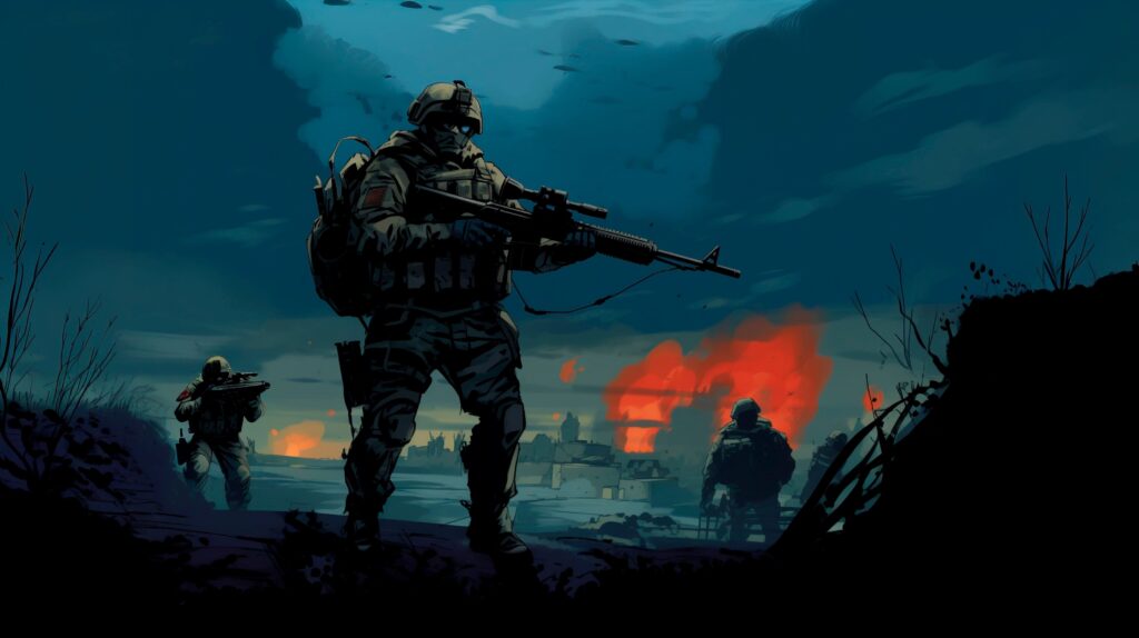 Counter-Strike 2 (CS2) soldiers advancing in a battlefield, set against a backdrop of a burning cityscape.