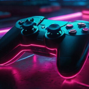 Neon-lit black gaming controller on a glowing surface, symbolizing the dynamic and immersive world of gaming.