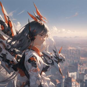 Futuristic anime character overlooking a city, symbolizing readiness and strength for new adventures