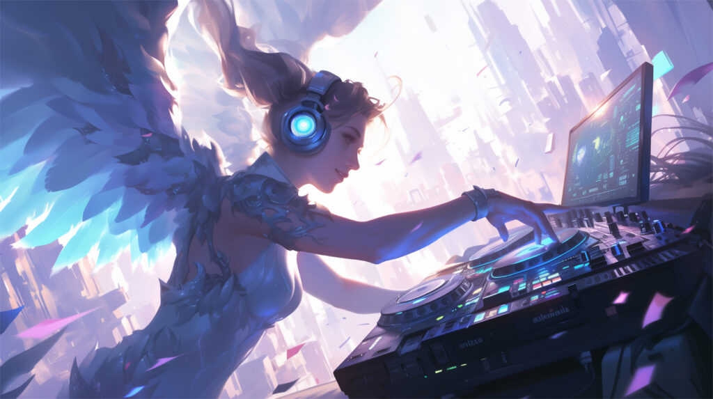 Fantasy DJ character mixing tracks, representing the dynamic and rare offerings in top Genshin Impact accounts for sale at Gamer-Choice.com, your portal to gaming excellence