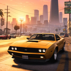 "GTA 5 Online Modded Accounts: High-end cars and characters in a cityscape, representing enhanced gaming experiences.