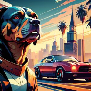 GTA 5 Online inspired Rottweiler and muscle car in a stylized city with palm trees