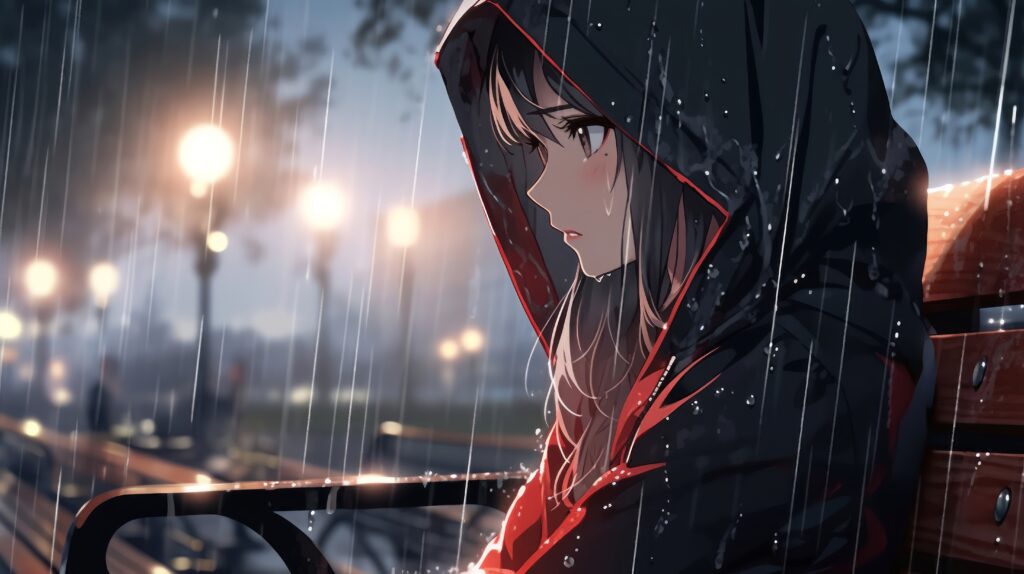 Genshin Impact character-inspired girl sitting alone in the rain, reflecting on the journey ahead.