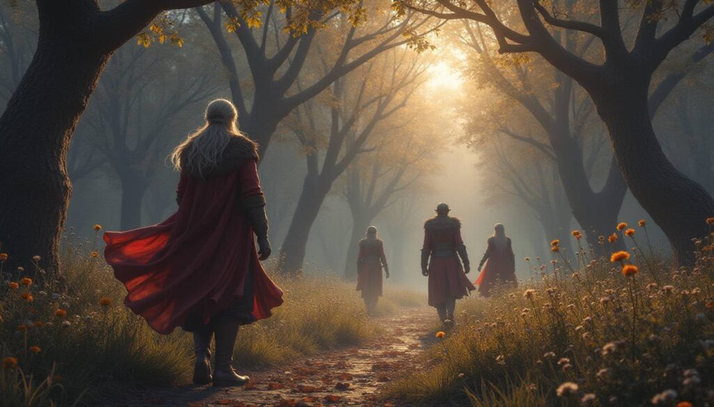 Final Fantasy XIV-inspired scene with four adventurers in red cloaks walking through a misty forest at dawn.