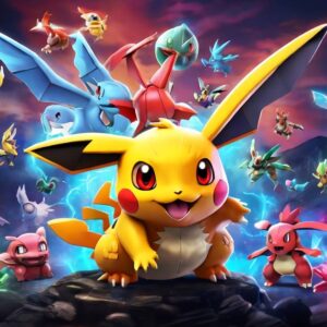 Pikachu leading a group of Pokémon in an epic battle, showcasing the thrill and excitement of owning a high-level Pokémon Go account with powerful Pokémon.