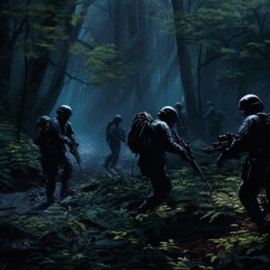 Soldiers moving through a dense forest, representing the high-stakes environment found in Rust, enhanced by premium Rust accounts for sale.