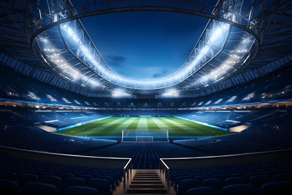 A stunning view of an empty football stadium under the night sky, ready for action. Enhance your FIFA Coins EA FC 24 experience and build your Ultimate Team™ with the best deals from Gamer-Choice.com.

