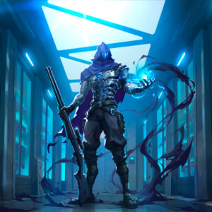 Valorant character Omen standing in a futuristic armory, showcasing power and strategy, promoting rank boosting services from Gamer-Choice.com.