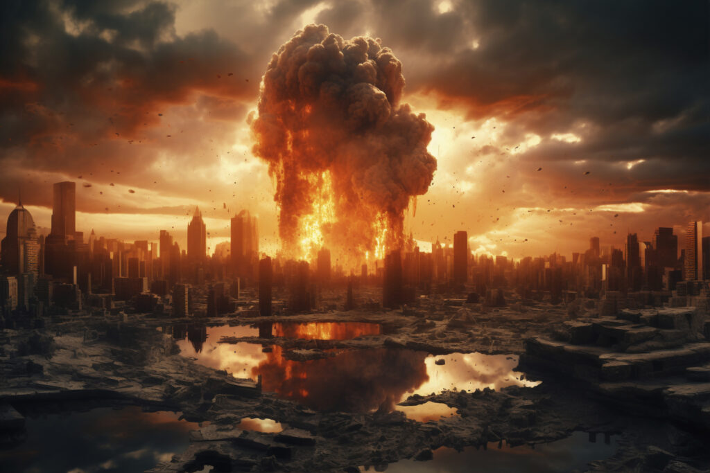 A massive nuclear explosion over a devastated city, symbolizing the power unlocked with a Fallout 76 boost from Gamer-Choice.com.