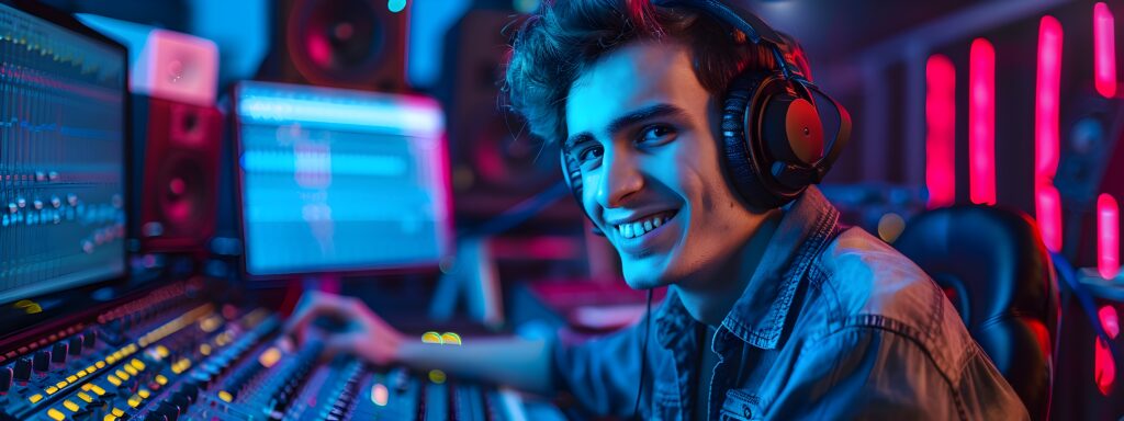  Young gamer focused on playing in a high-tech gaming setup with vibrant lighting and multiple monitors.