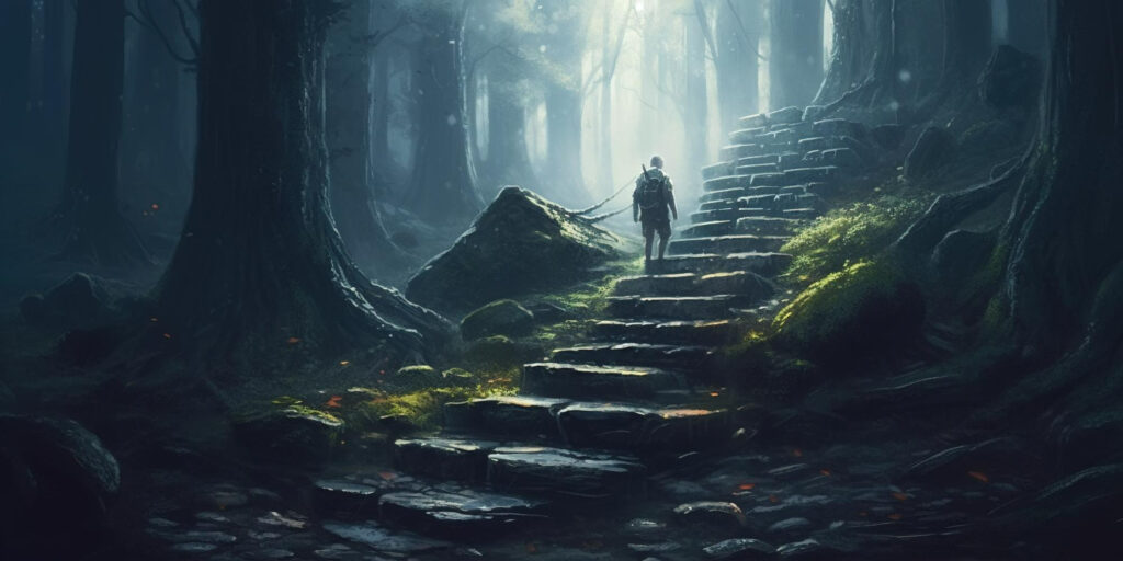  Path of Exile currency - Lone adventurer climbing stone steps in a misty, dark forest.