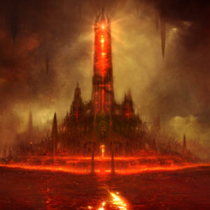 Diablo 4 items: The Cathedral of Hatred with its towering, fiery spire, representing one of the game's most iconic demonic structures.