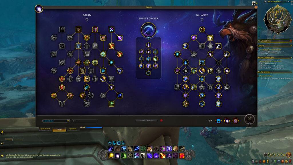 WoW TWW druid talent tree interface showing choices for leveling in Balance and Restoration.