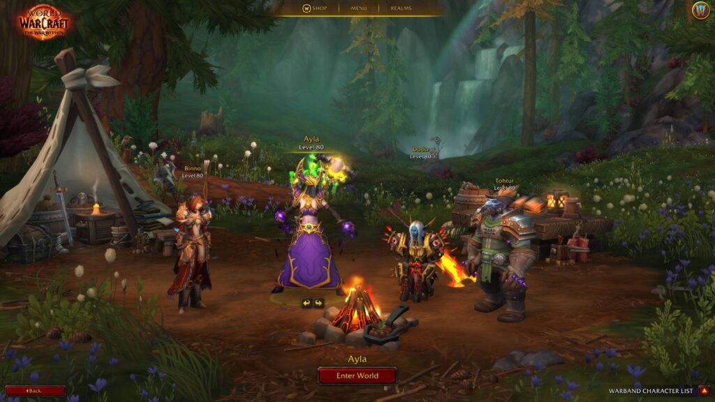 WoW TWW character selection at a campfire with level 80 characters.