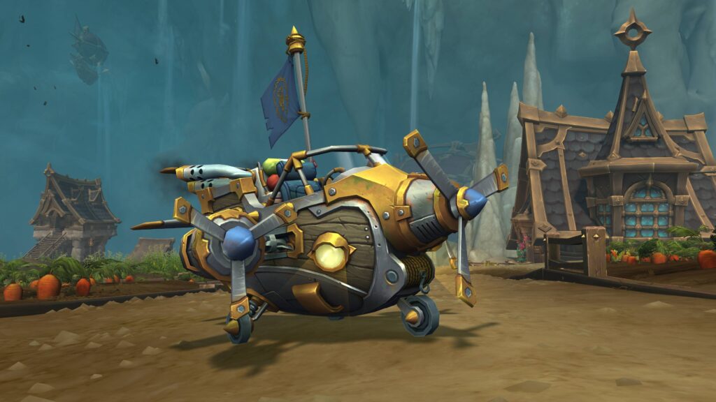 An airship mount in World of Warcraft, designed with propellers and a mechanical aesthetic, positioned in front of a small Alliance settlement.