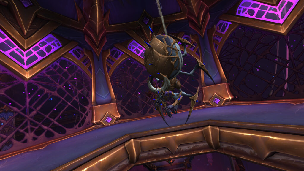 A spider boss in World of Warcraft The War Within expansion, hovering menacingly. Focus on WoW boost services.