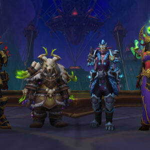 Four diverse characters, each wearing distinct armor sets, posing in a raid setting, showcasing different classes or specializations in WoW TWW.