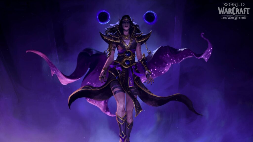 A dark, powerful mage character from World of Warcraft The War Within expansion. Focus on WoW boost services.