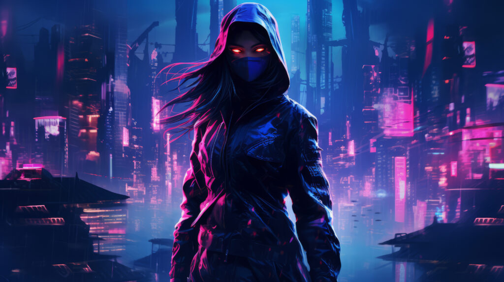 cyberpunk ninja in a futuristic city, reflecting the precision and strategy involved in professional apex legends boosting services.
