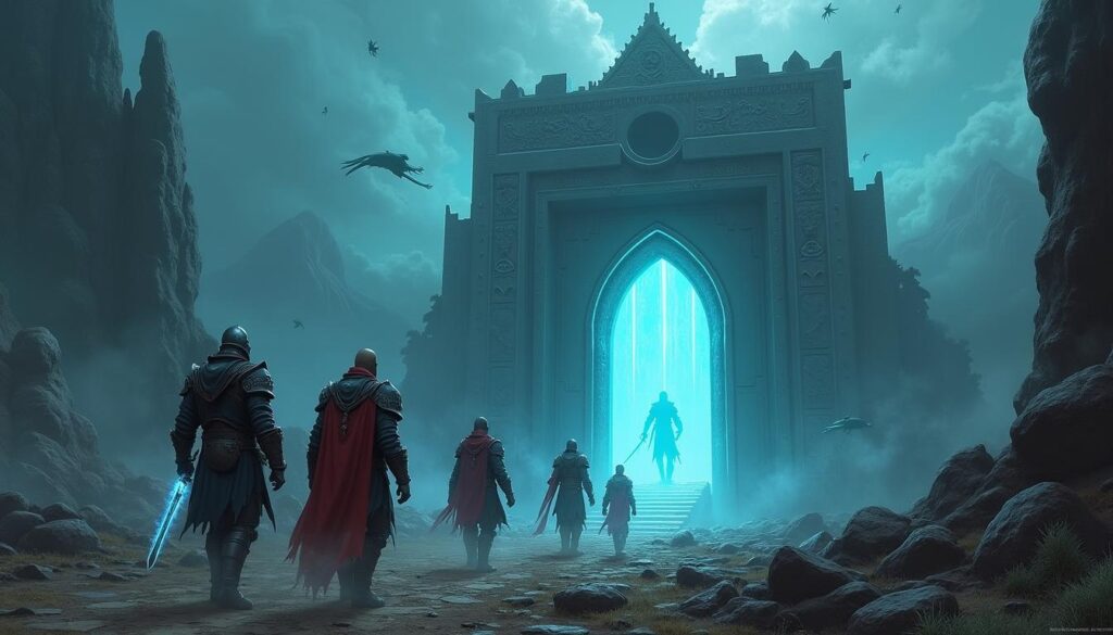 Lost Ark gold journey - A group of adventurers walking toward a glowing ancient gate in Lost Ark.