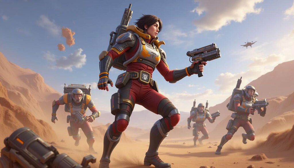 A squad of characters moving through the desert, prepared for battle in Apex Legends. Focus on Apex Legends boosting services.