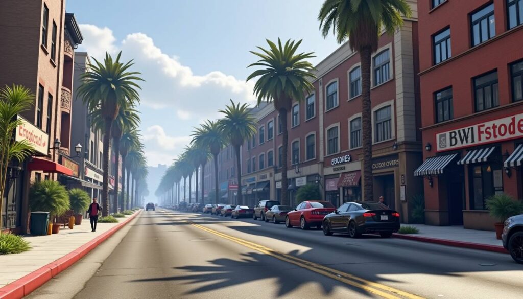 A peaceful street scene in Los Santos, featuring palm trees and brick buildings, capturing the daily life in GTA 5. Enhance your game by buying GTA 5 money.