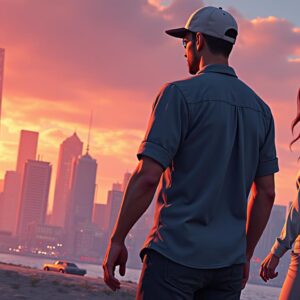 A man and woman look out toward a glowing city skyline during sunset in GTA 5 Online, highlighting the game's rich environment and urban setting.