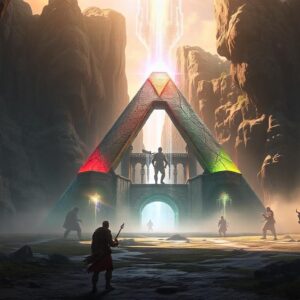 Lost Ark adventurers approaching an ancient, glowing pyramid in a misty canyon. Buy Lost Ark gold to enhance your in-game progression and unlock epic adventures.