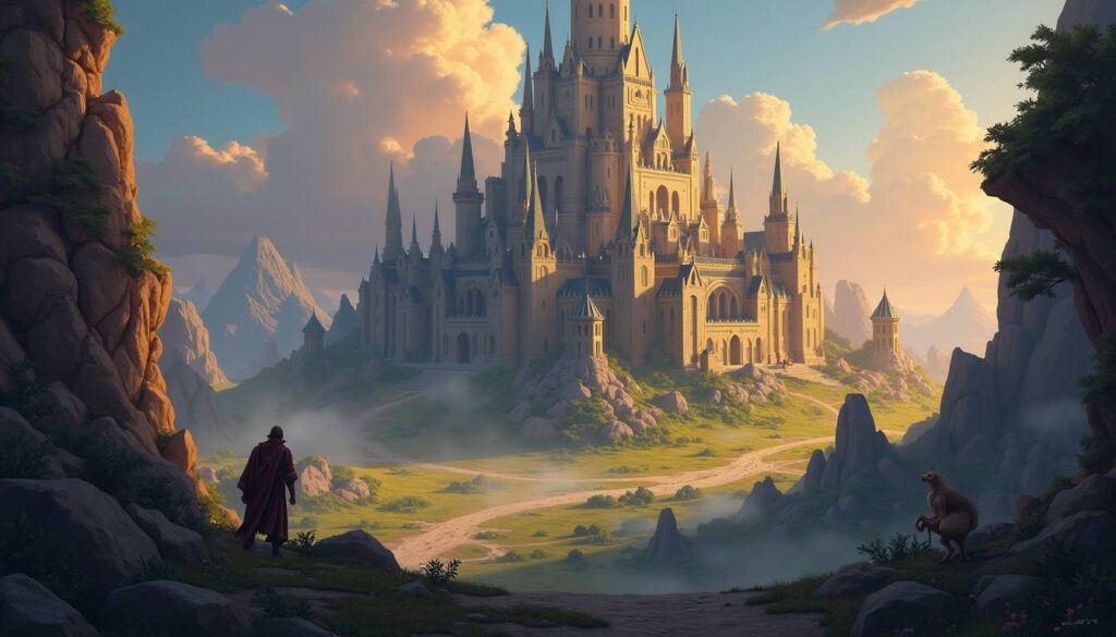 New World gold: Majestic castle at sunset with a lone adventurer, emphasizing the richness of the game world and the benefits of using gold.