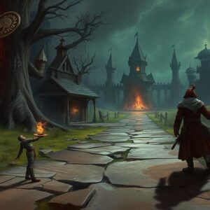 Path of Exile items: Haunted village with glowing fire pits and a distant castle representing the dark fantasy themes of the game.