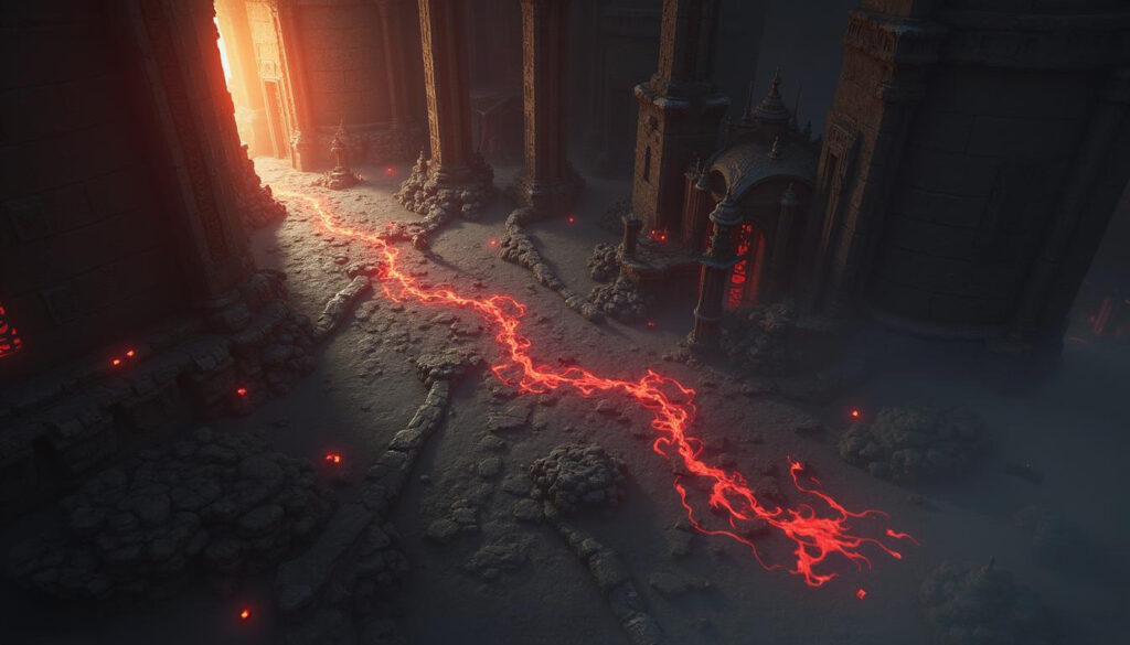 Path of Exile currency guide - A lava-filled ancient temple with an eerie glow leading toward a mysterious open doorway in the distance.