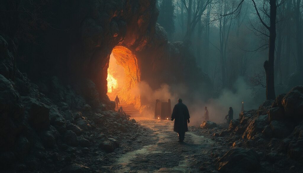 Path of Exile underground temple with cloaked figures approaching a glowing structure, symbolizing the mystery and challenge of PoE.