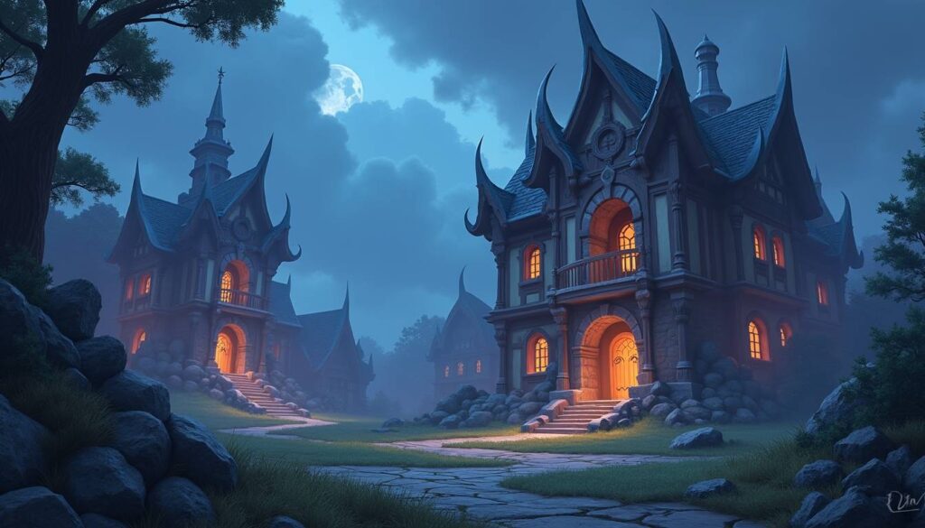 Enchanted gothic homes in a serene moonlit WoW Classic village. Boost your gameplay with essential purchases using WoW Classic gold.