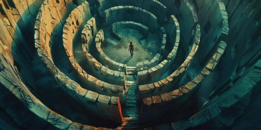 Path of Exile currency - Adventurer navigating a massive stone labyrinth.