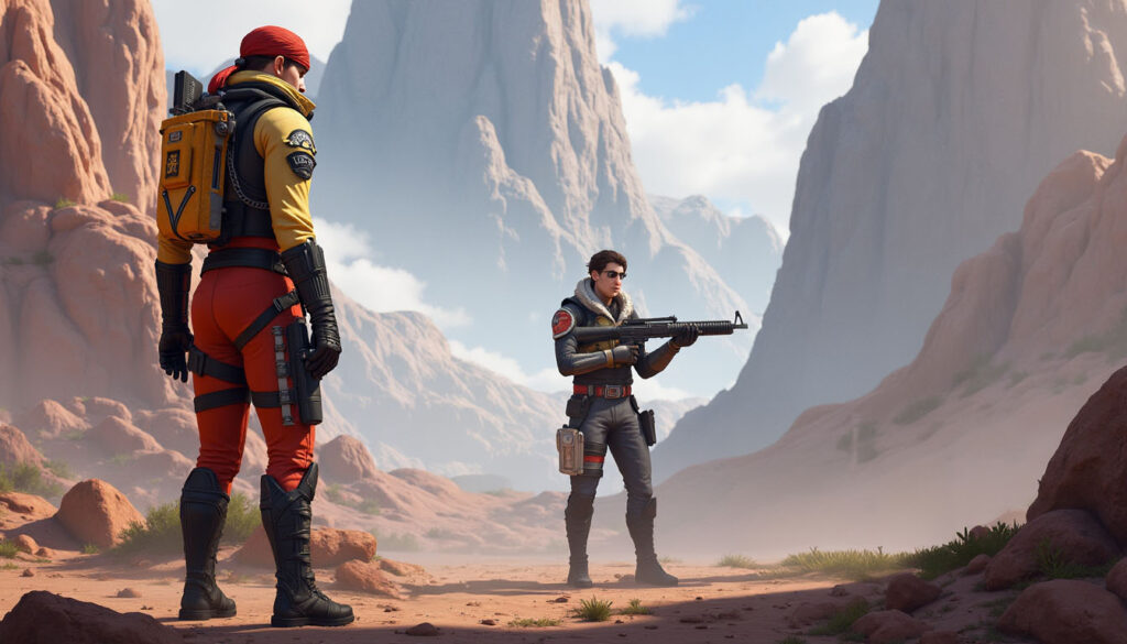 Two players in a desert landscape gearing up for a mission in Apex Legends, with tactical equipment. Focus on Apex Legends boosting services.