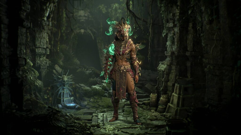 Diablo 4 items: A character in Dark Citadel Armor standing in an eerie, overgrown temple, ready for endgame challenges in Diablo 4.