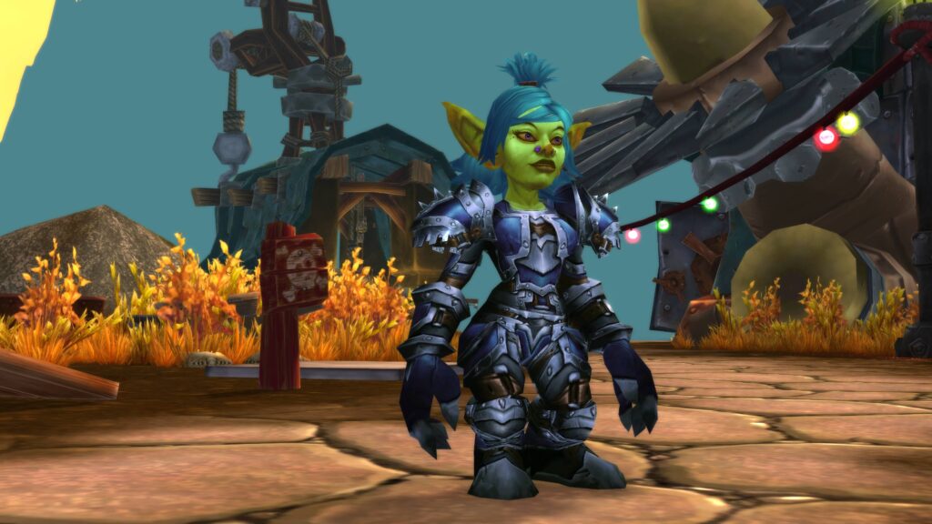 Buy WoW gold Cataclysm Classic - Goblin character in armor standing in an industrial-themed area with mechanical structures.