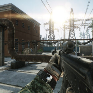 Player aiming a rifle in an industrial zone in Escape from Tarkov.