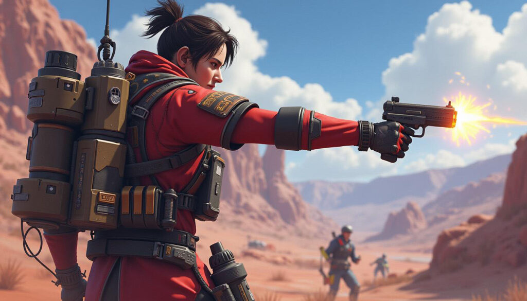  A character aiming and shooting a pistol in an action-packed Apex Legends match, demonstrating tactical gameplay. Focus on Apex Legends boosting services.