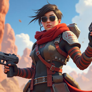 A confident character wielding dual pistols in a desert landscape, leading a team in Apex Legends. Focus on Apex Legends boosting services.