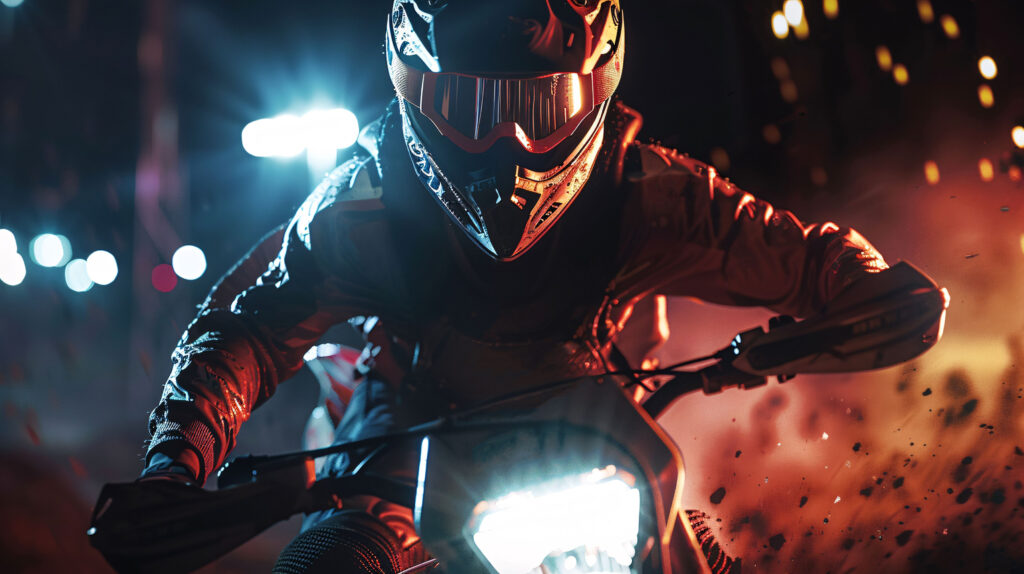 : A dirt bike racer speeding through a neon-lit circuit, symbolizing the fast-paced rank progression available with apex legends boosting services.