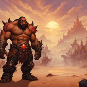 World of Warcraft Classic Orgrimmar orc warrior with Horde stronghold, showing the might of the Horde in WoW Classic.